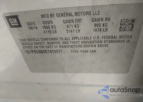 2014 Chevrolet Cruze 2Lt Auto z USA, uszkodzony, nr VIN 1G1PE5SB0E7419971